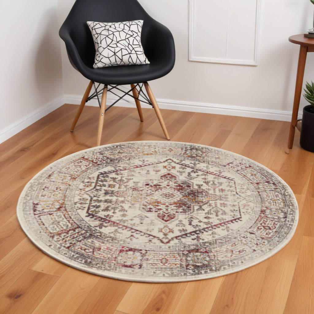 552365 6 ft. Floral Distressed Round Rug, Ivory, Red & Orange