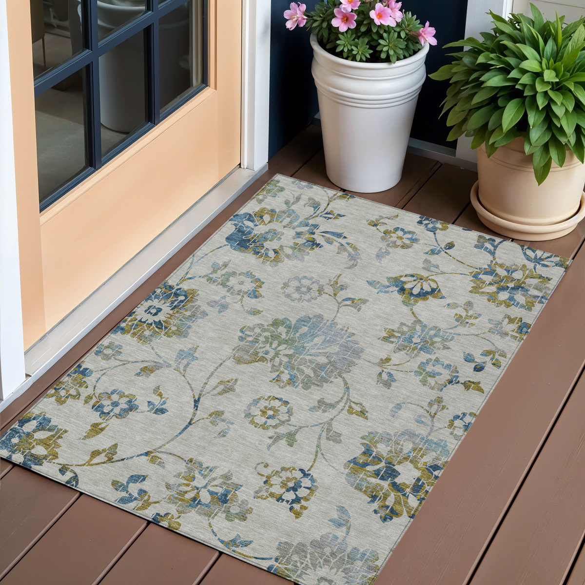 589506 3 x 5 ft. Floral Washable Indoor & Outdoor Rectangle Area Rug, Taupe, Navy Blue & Denim Blue