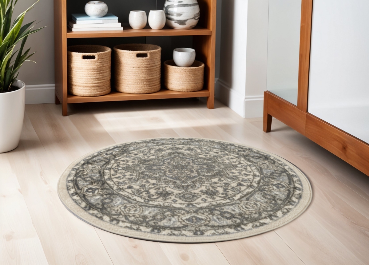 572317 4 ft. Floral Power Loom Round Rug, Blue
