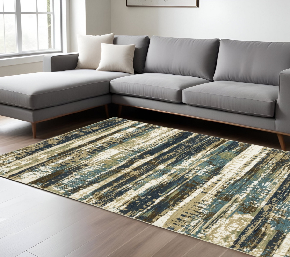 576092 8 x 11 ft. Abstract Rectangle Area Rug, Beige & Blue