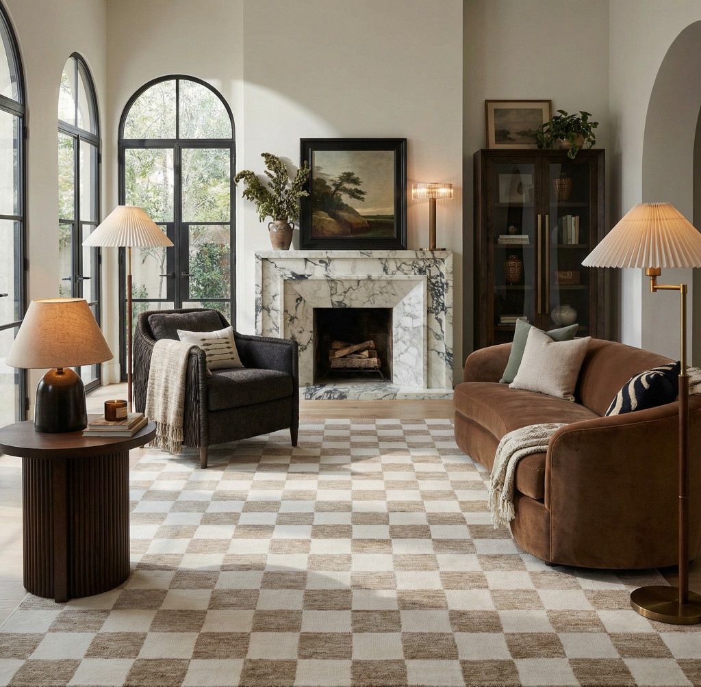 534412 5 x 8 ft. Checkered Power Loom Rectangle Area Rug, Beige & Brown