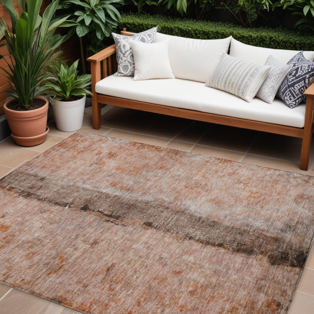 578043 8 x 10 ft. Abstract Washable Indoor & Outdoor Rectangle Area Rug, Orange, Peach & Brown