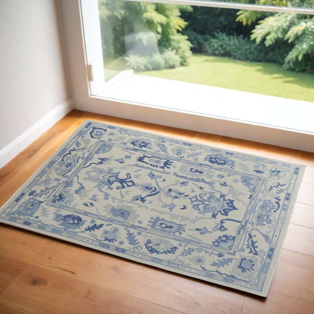 566303 2 x 3 ft. Ivory & Blue Wool Floral Hand Knotted Rectangle Area Rug with Fringe