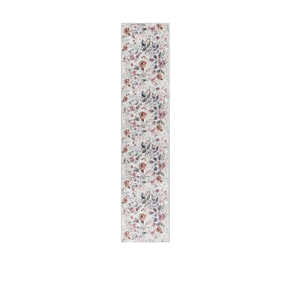 533219 8 ft. Floral Power Loom Washable Non Skid Runner Rug, Ivory