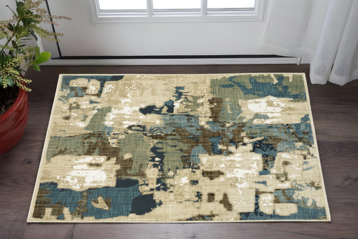 Abstract Rectangle Area Rug - Beige Blue & Brown - 3 x 5 ft - Stain Resistant