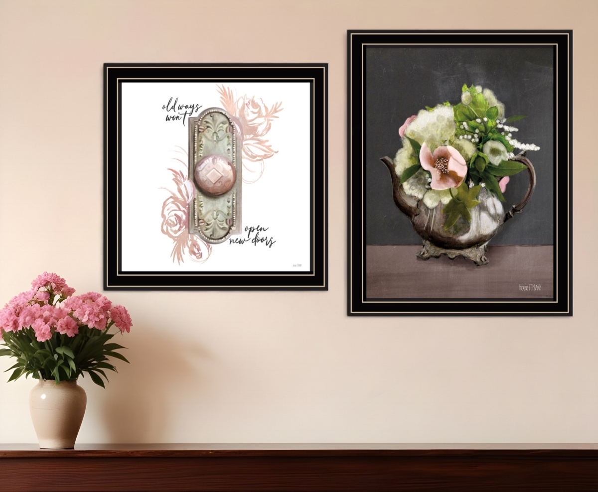 408181 Horizontal Vintage Floral Tea Pot & Door Knob Black Framed Print Kitchen Wall Art - Set of 2