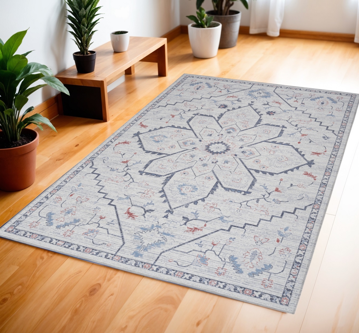 554845 4 x 6 ft. Floral Power Loom Rectangle Area Rug, Ivory & Blue