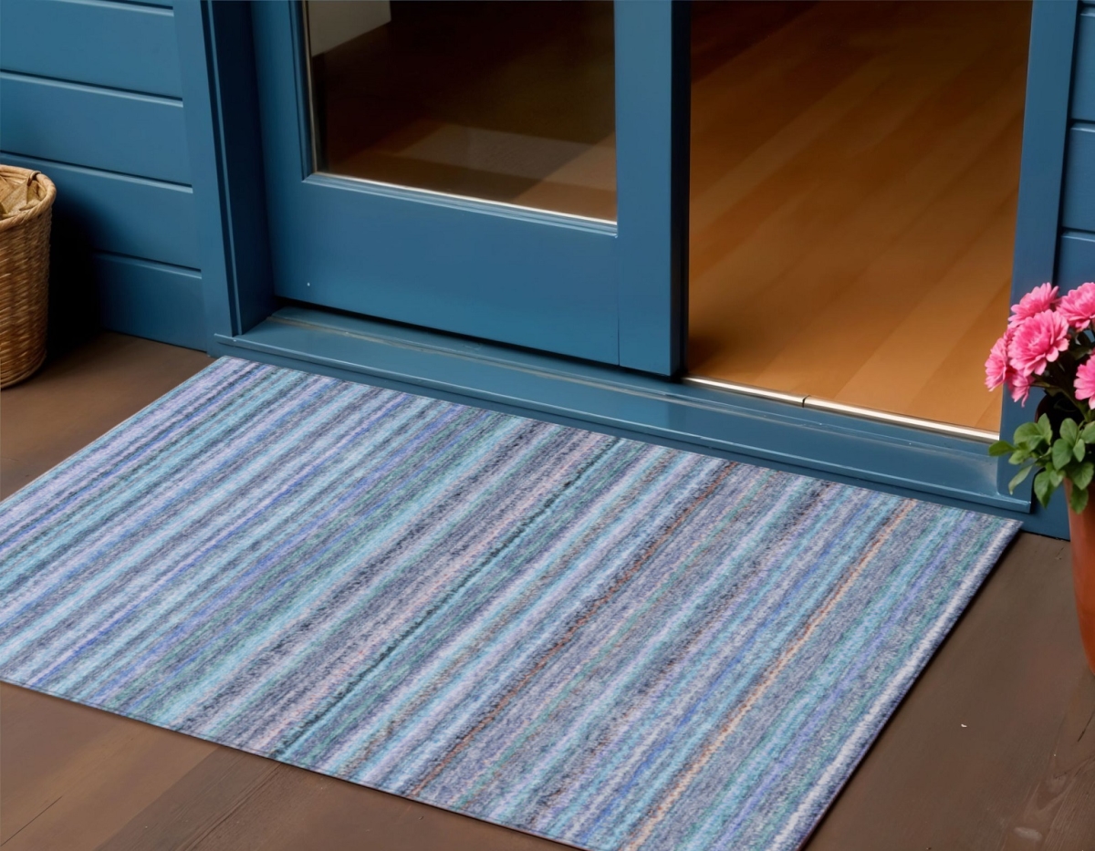 577805 3 x 5 ft. Striped Washable Indoor & Outdoor Rectangle Area Rug, Sky Blue & Navy Blue