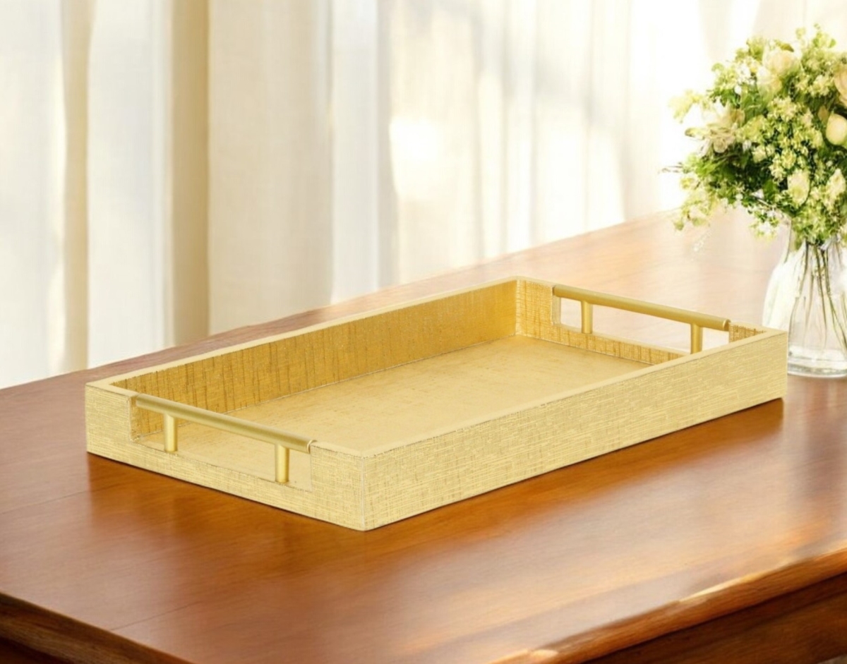 Picture of HomeRoots 571240 16 in. Gold Wood Geometric Serving Tray with Handles