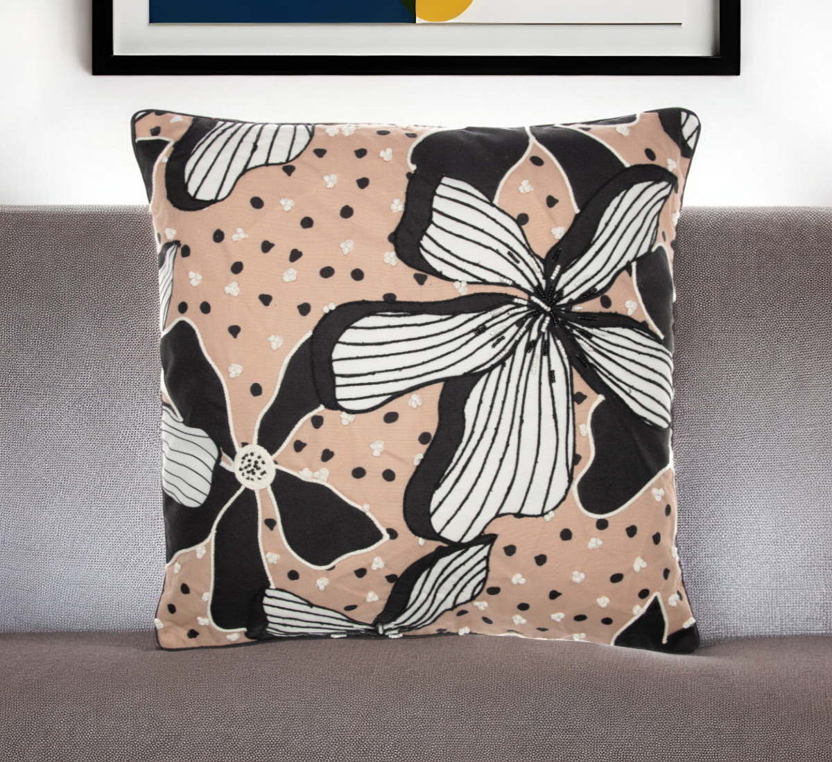 Tropical Embroidered Throw Pillow - Beige & Black - 20 in. - Soft & Cozy