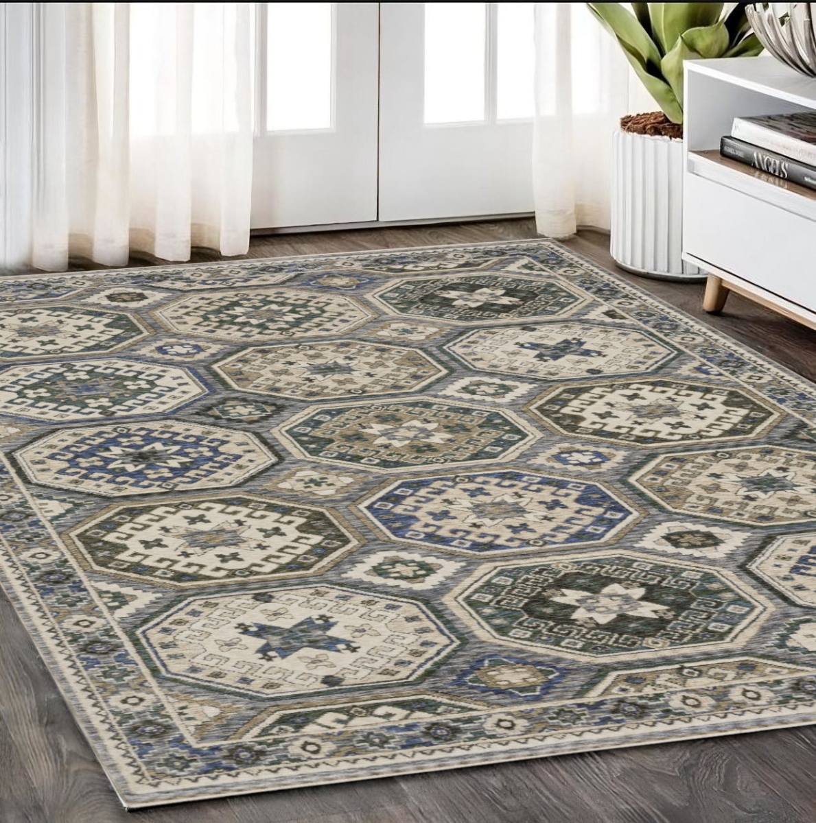 574968 5 x 8 ft. Medallion Rectangle Area Rug with Fringe, Ivory & Blue