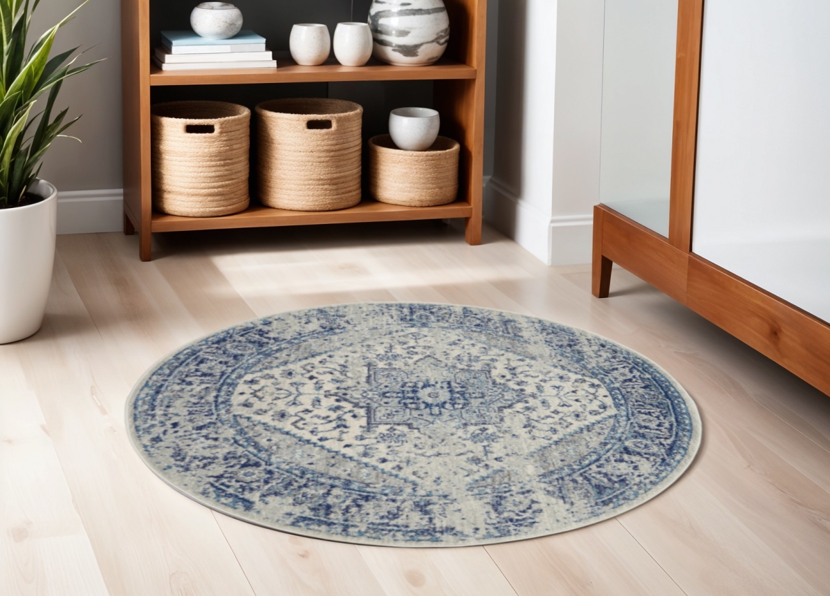 552373 5 ft. Floral Medallion Distressed Round Rug, Ivory & Light Blue