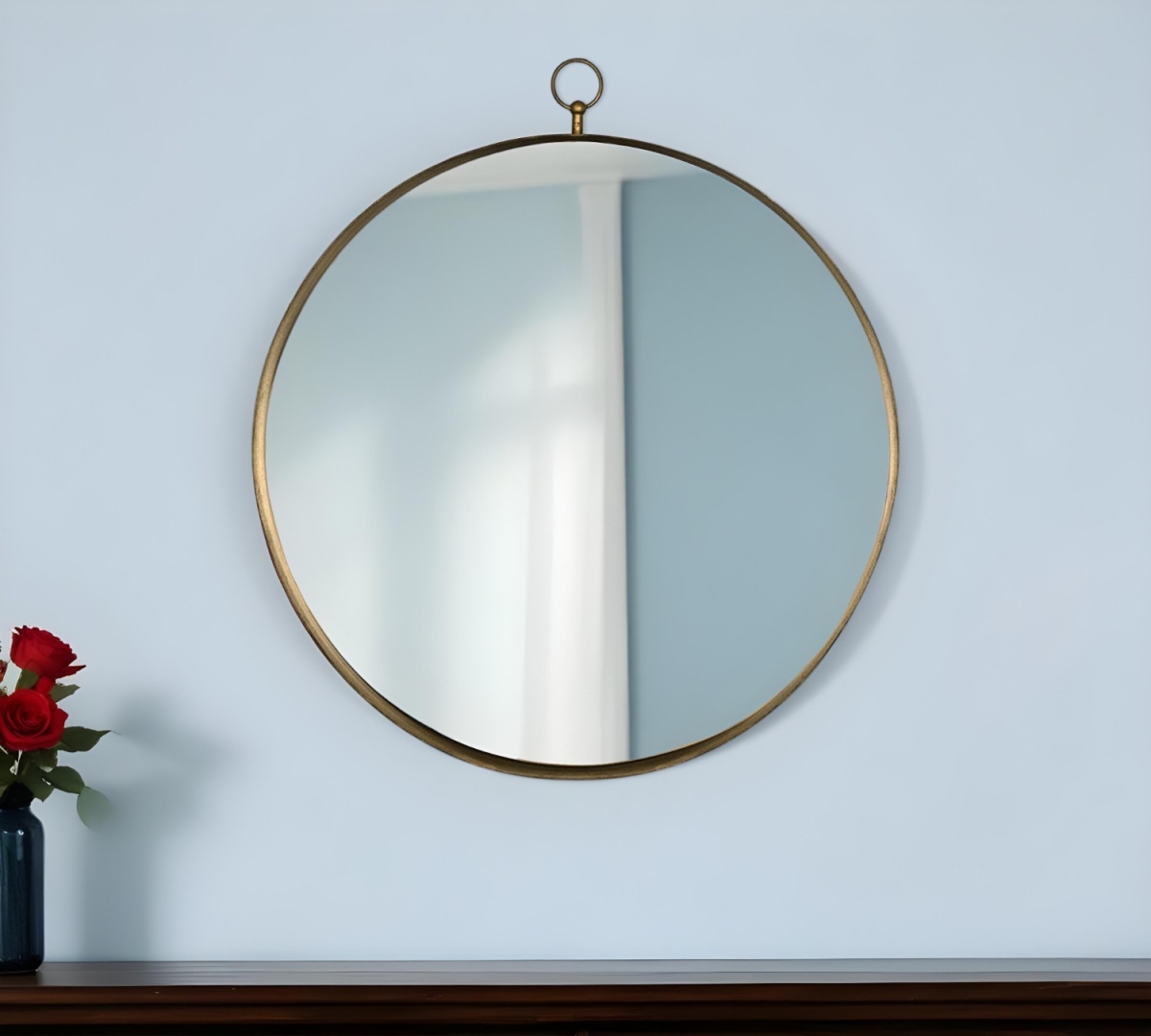 485065 28 in. Gold Round Iron Framed Accent Mirror