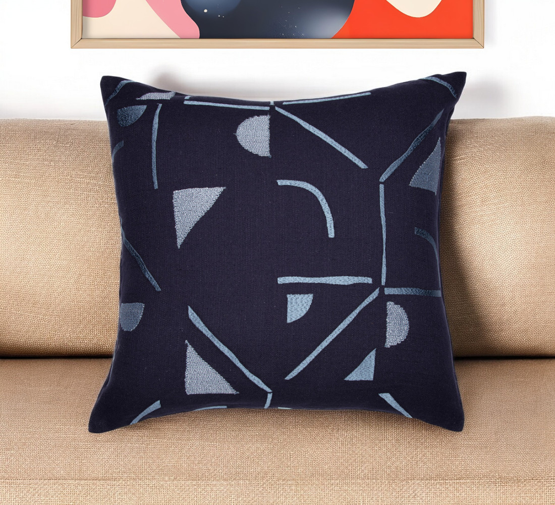 Blue Geometric Cotton Blend Throw Pillow - 24 in. - Embroidered Design