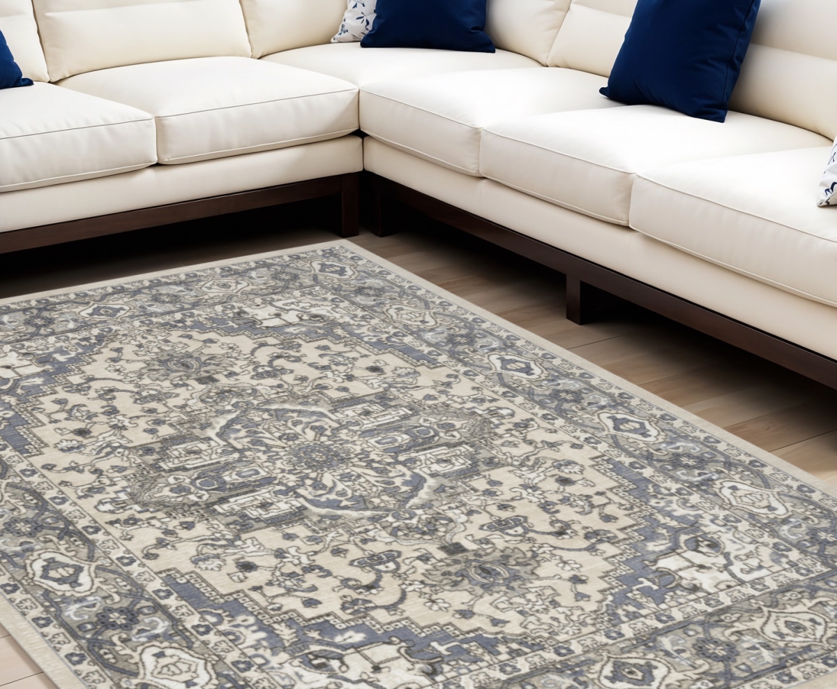 545165 8 x 10 ft. Medallion Power Loom Distressed Rectangle Area Rug, Blue & Ivory