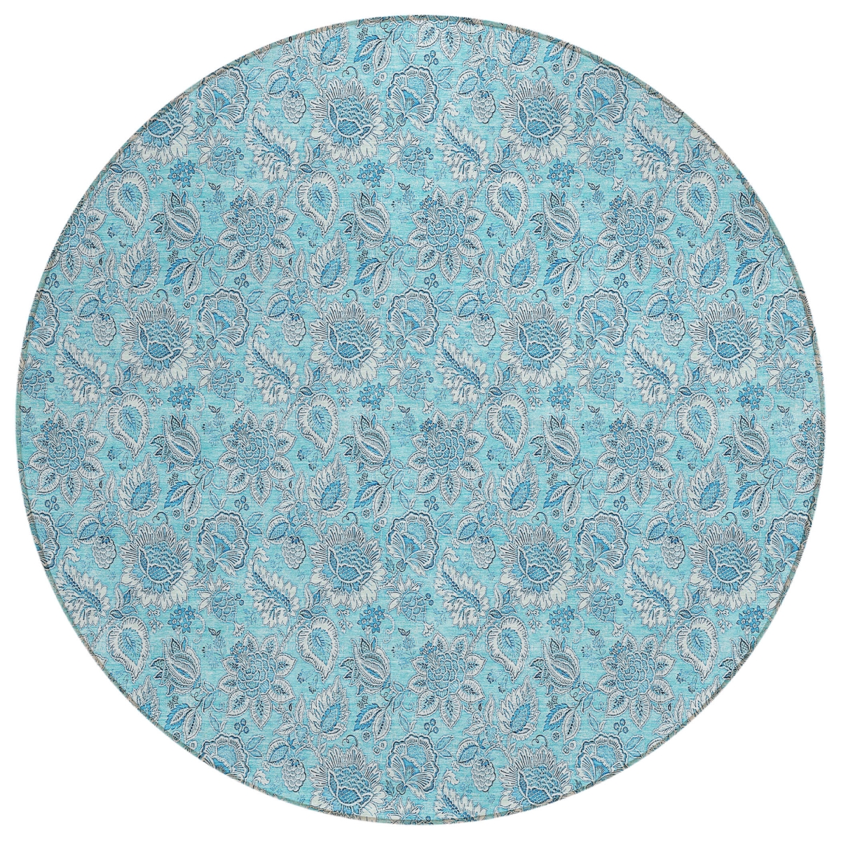 580570 8 ft. Round Floral Washable Indoor & Outdoor Area Rug, Aqua, Blue & Silver