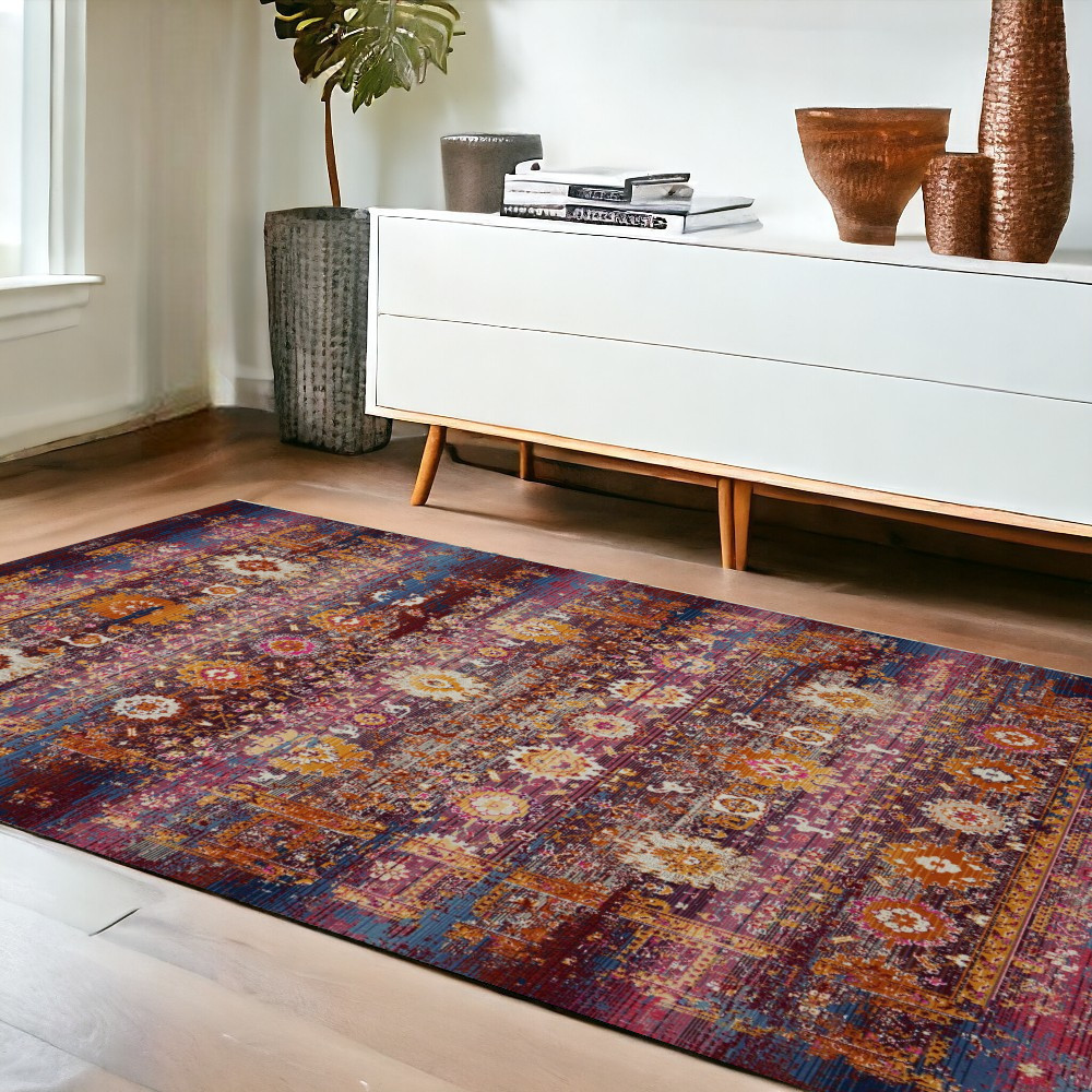553366 4 x 6 ft. Floral Distressed Rectangle Area Rug, Blue, Yellow & Red