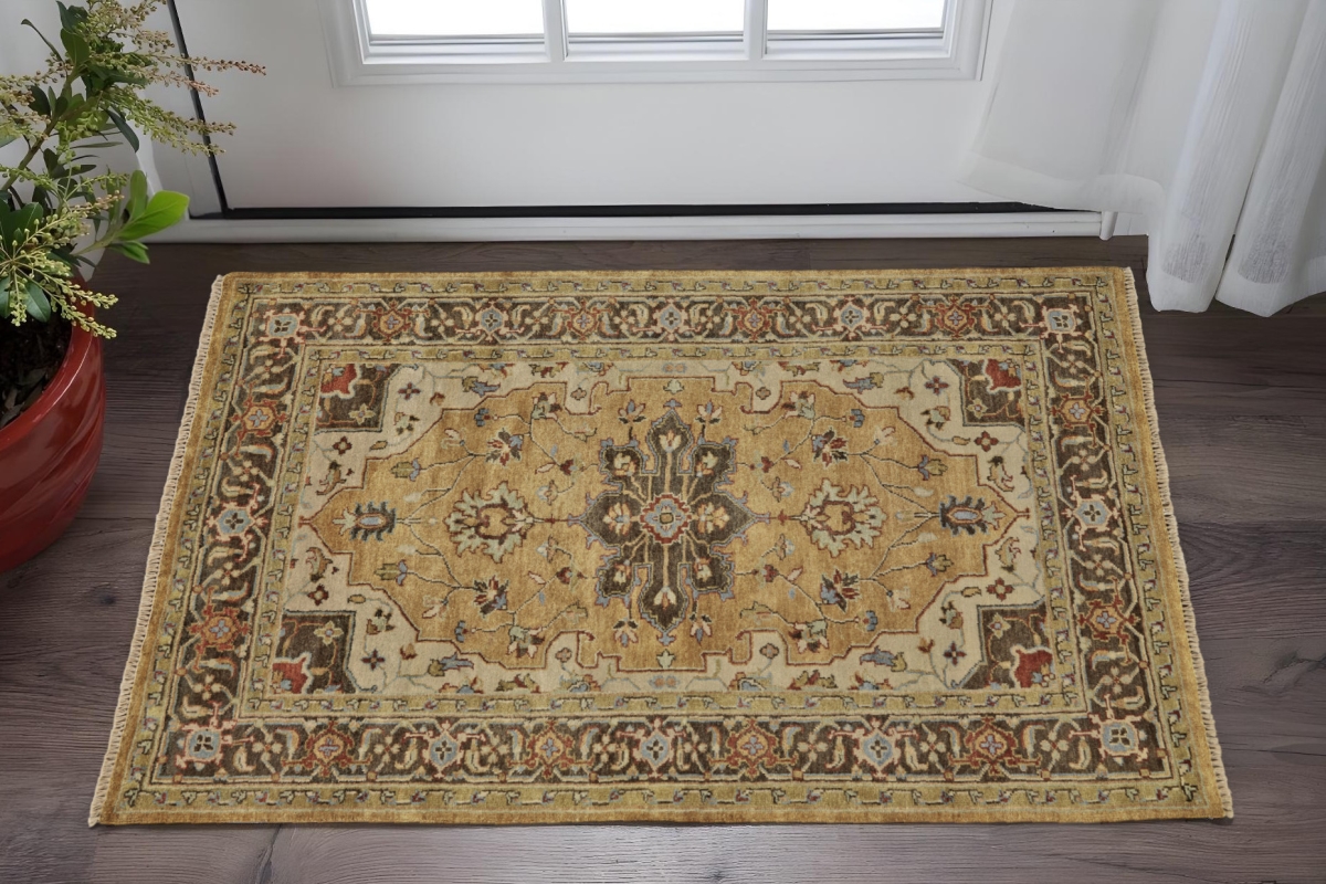 567912 2 x 3 ft. Wool Oriental Hand Knotted Rectangle Area Rug, Tan, Brown & Gold