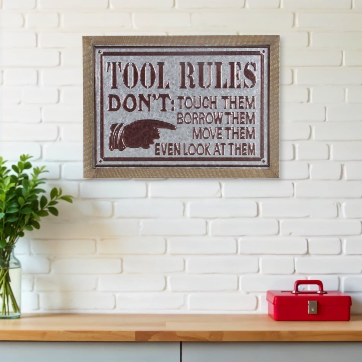 487534 15 x 20 in. Brown & Gray Tool Rules Wood & Galvanized Metal Rectangle Wall Decor