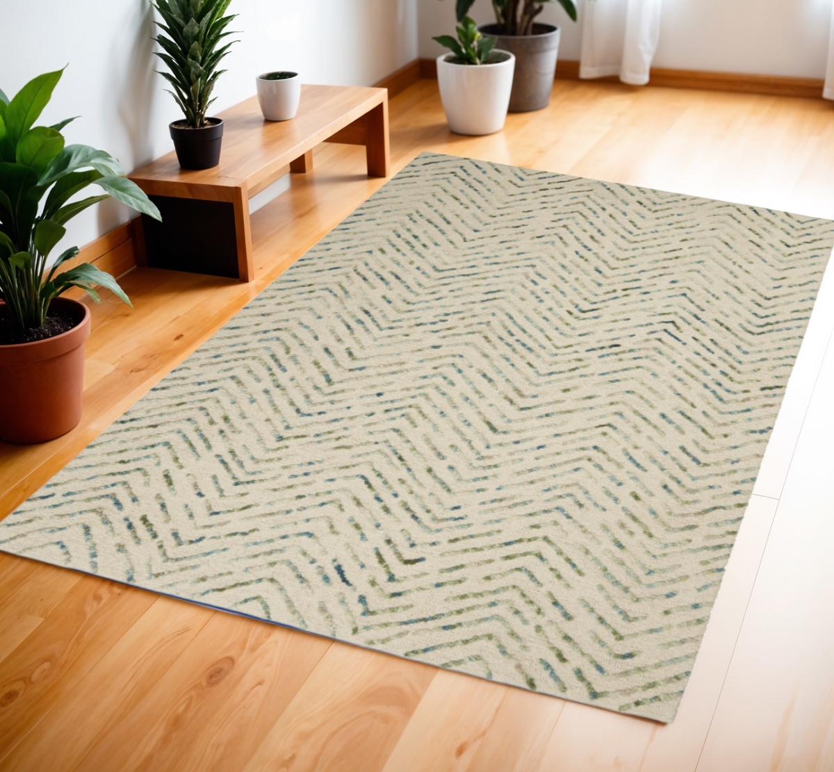 553392 4 x 6 ft. Wool Chevron Rectangle Area Rug, Ivory, Blue & Green