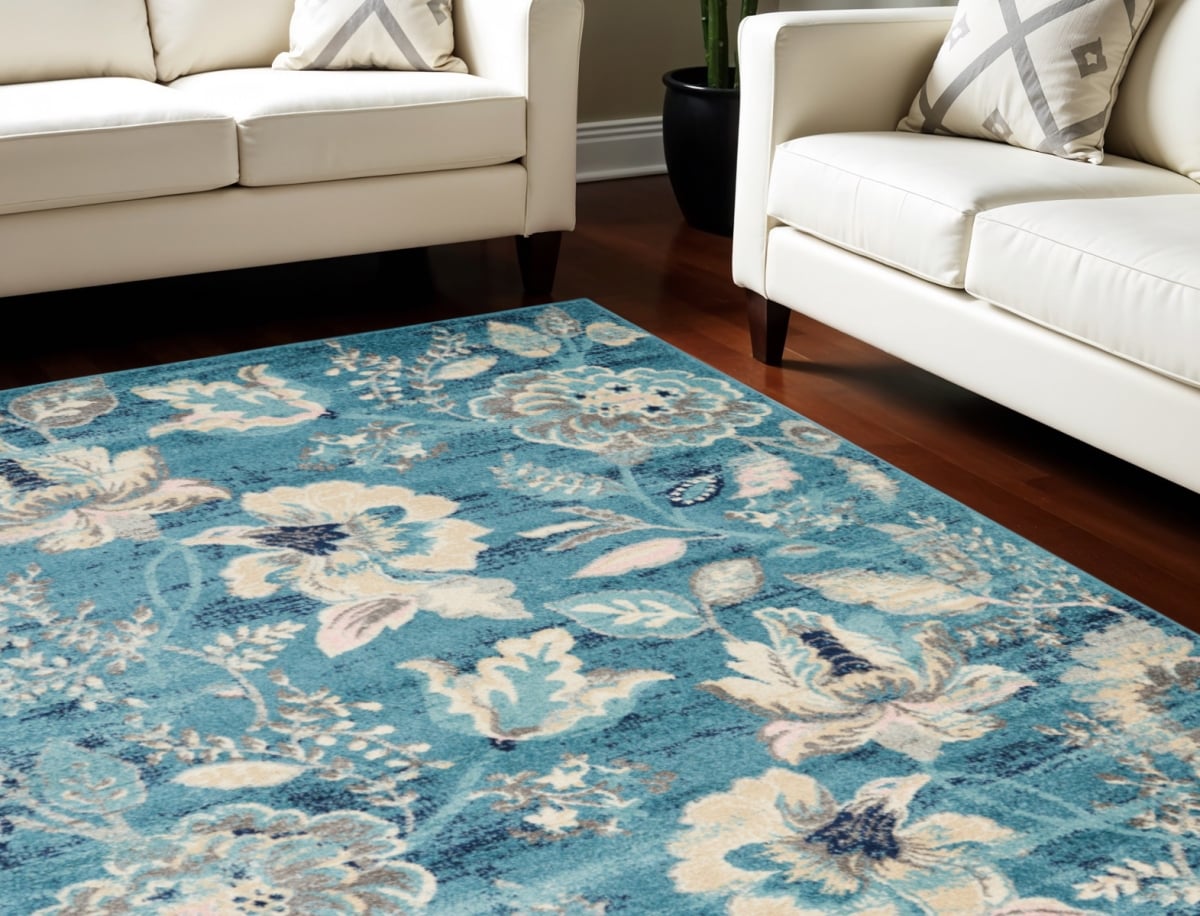 550904 6 x 9 ft. Floral Distressed Rectangle Area Rug, Turquoise, Cream & Navy Blue