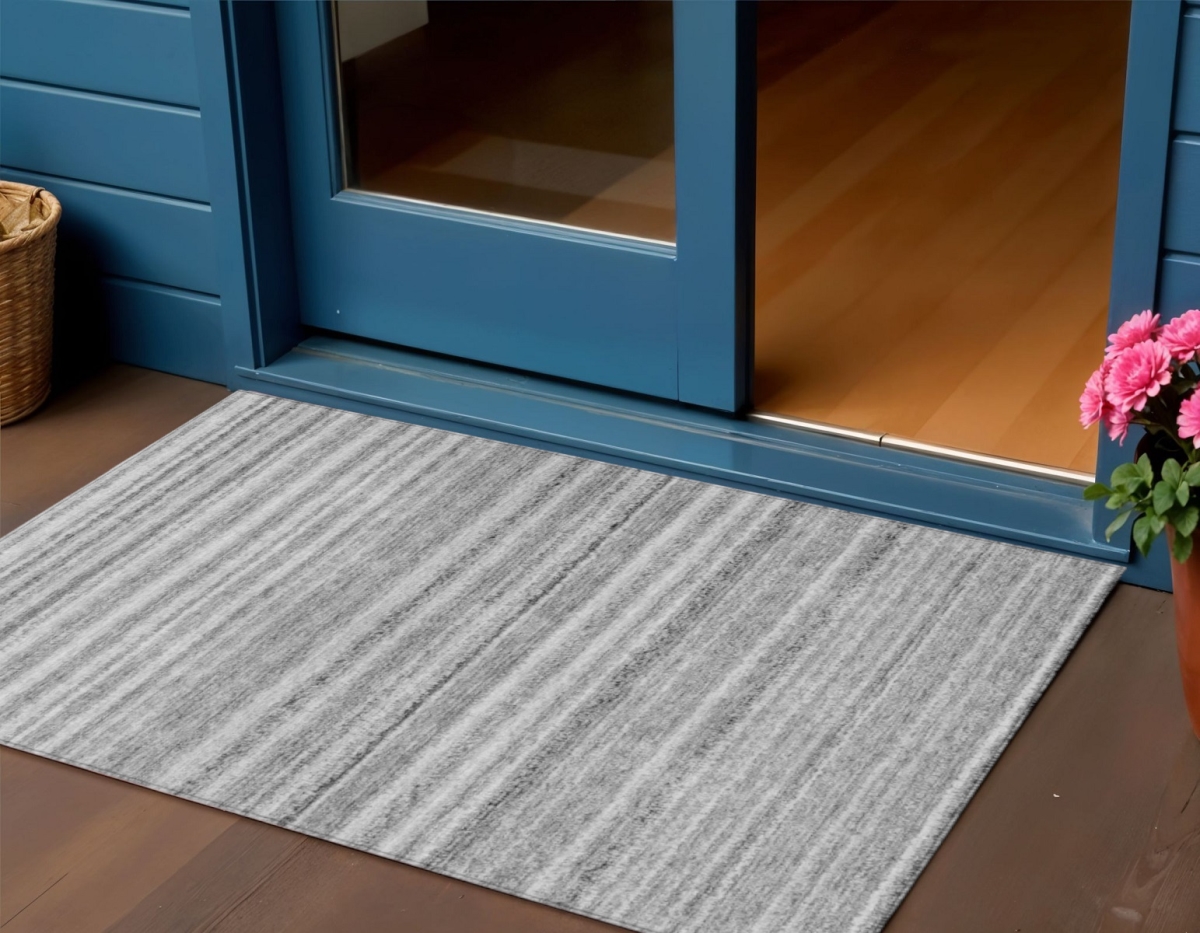 577781 3 x 5 ft. Striped Washable Indoor & Outdoor Rectangle Area Rug, Gray, Silver & Charcoal