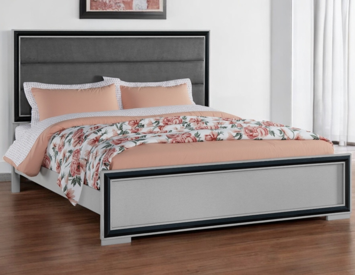 564715 Gray Ribbed Texture Wood & Upholstery Full Size Bed Frame