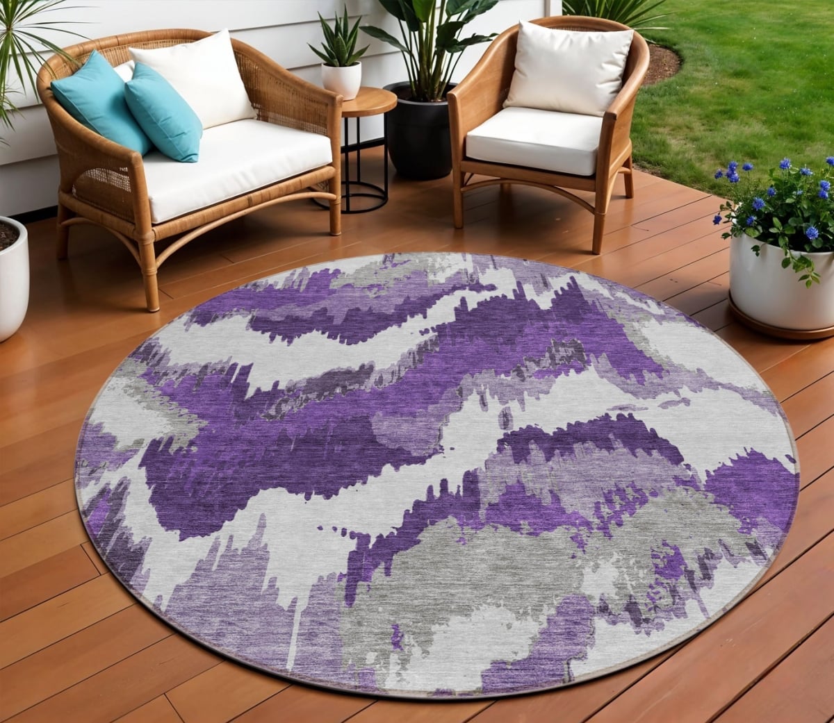 590204 8 ft. Round Abstract Washable Indoor & Outdoor Area Rug, Purple, Lavender & Gray -  HomeRoots