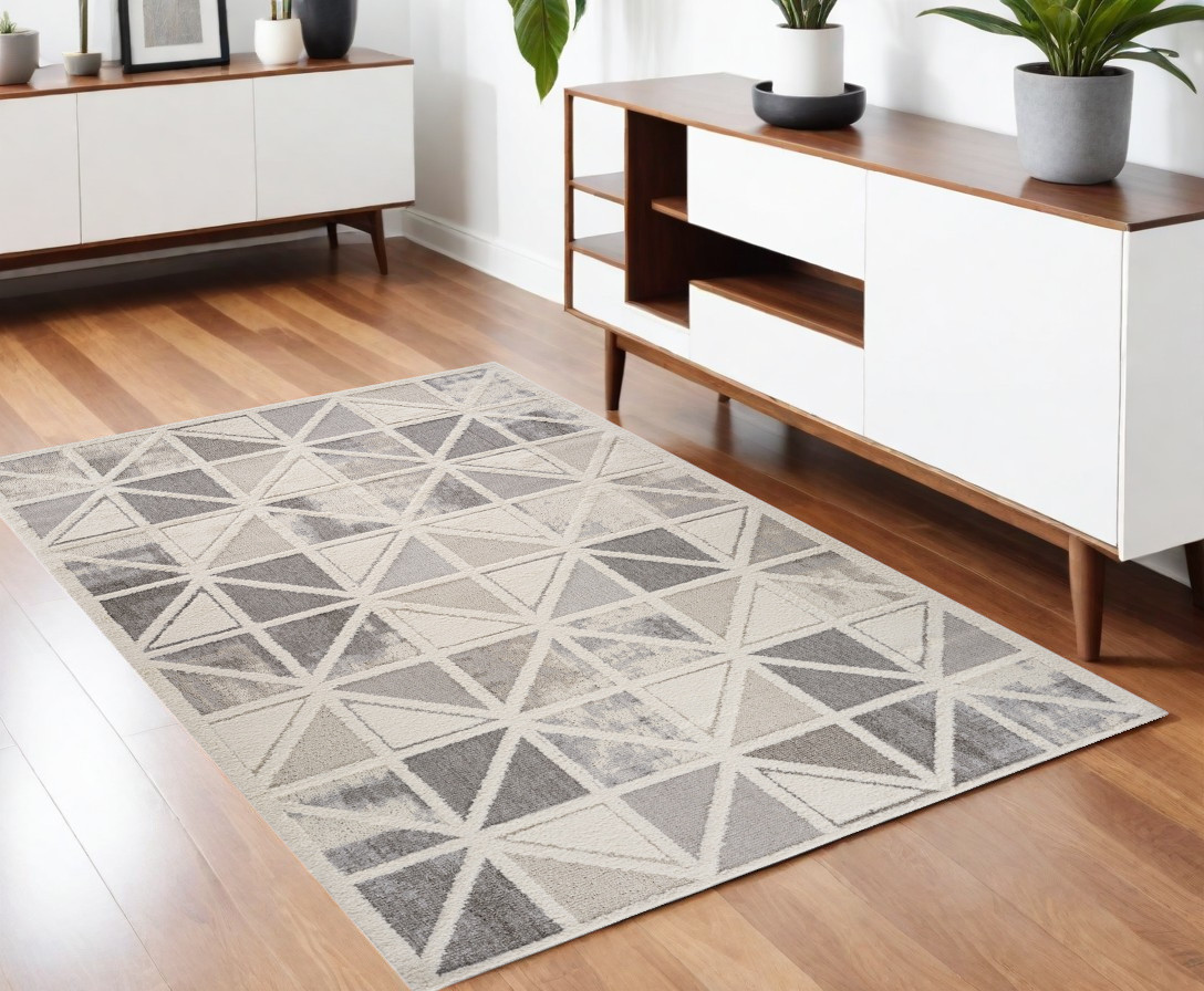 558479 4 x 6 ft. Geometric Distressed Rectangle Area Rug, Gray & Cream