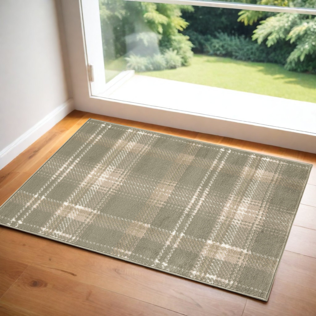 572454 3 x 5 ft. Plaid Rectangle Area Rug - Olive Green & Ivory