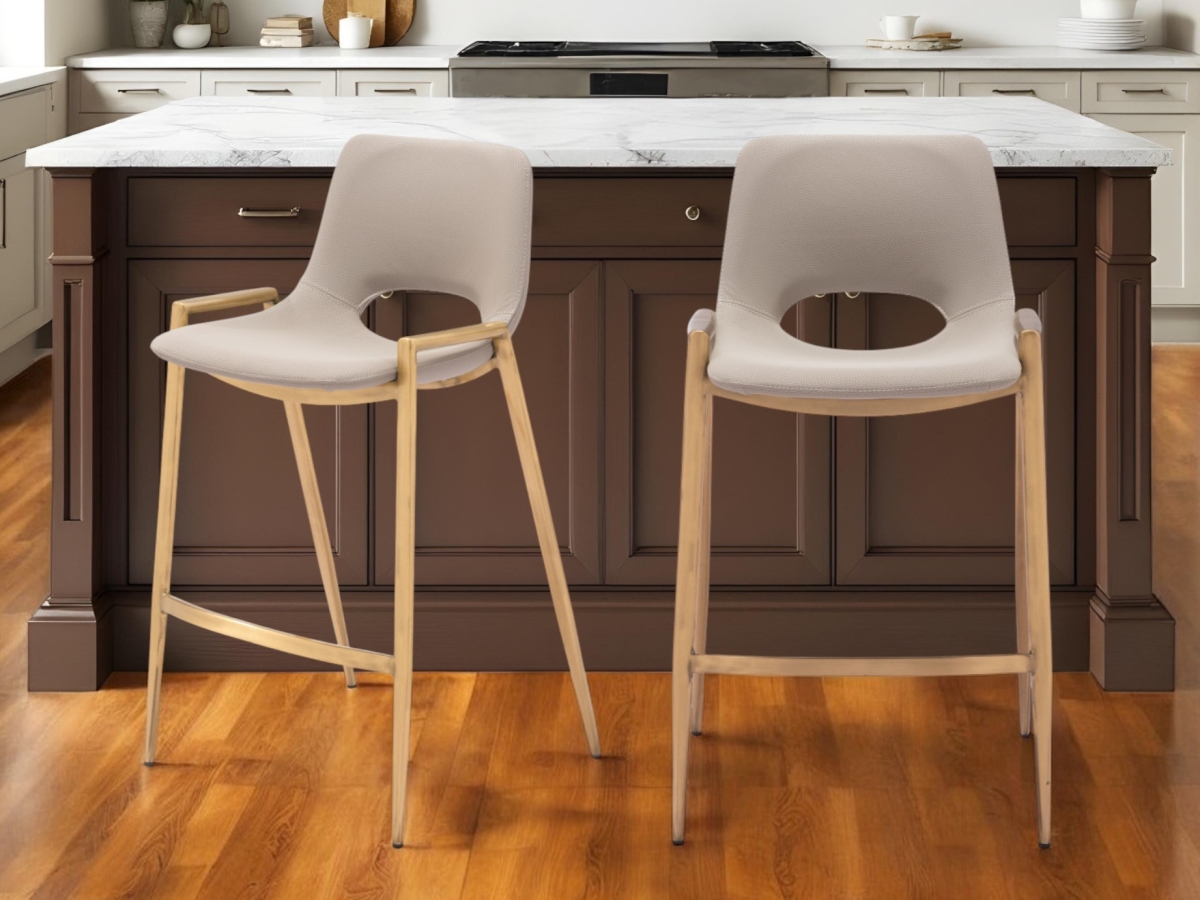555657 26 in. Beige & Gold Faux Leather & Steel Low Back Counter Height Bar Chairs - Set of 2