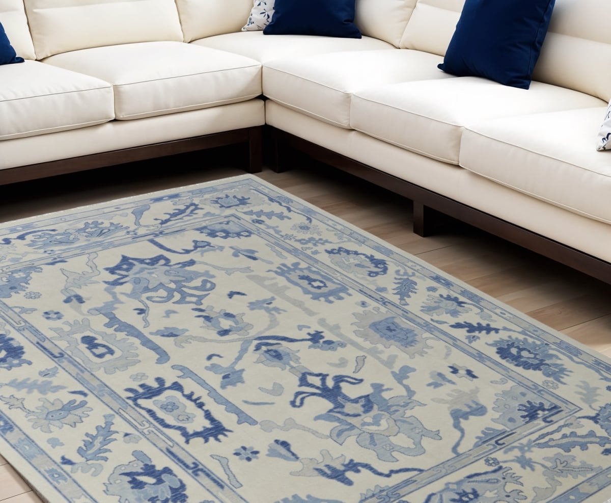 566302 9 x 13 ft. Wool Floral Hand Knotted Rectangle Area Rug with Fringe, Ivory & Blue