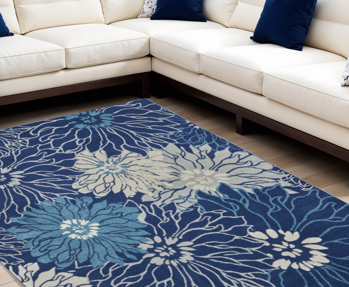 522419 9 x 12 ft. Floral Power Loom Rectangle Area Rug, Blue & Ivory