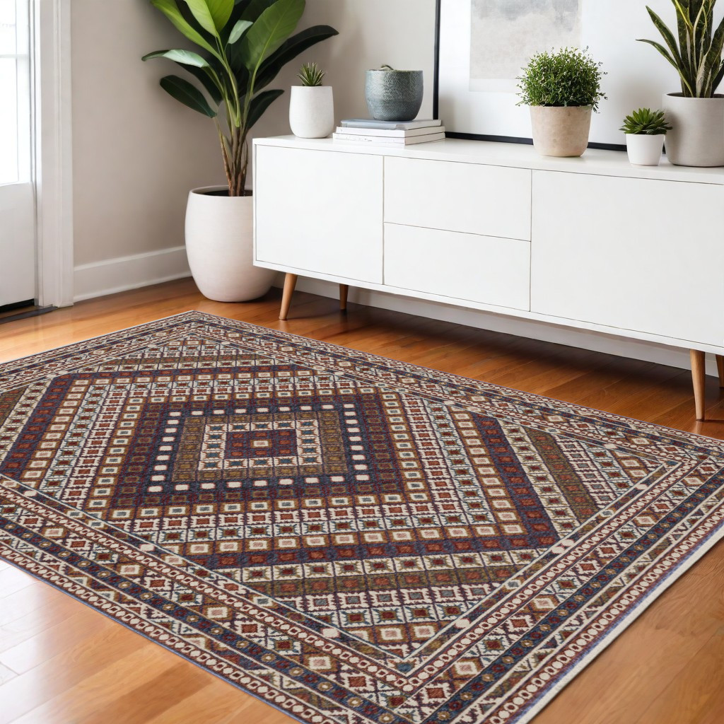 574947 4 x 6 ft. Diamond Rectangle Area Rug with Fringe, Ivory, Red & Tan