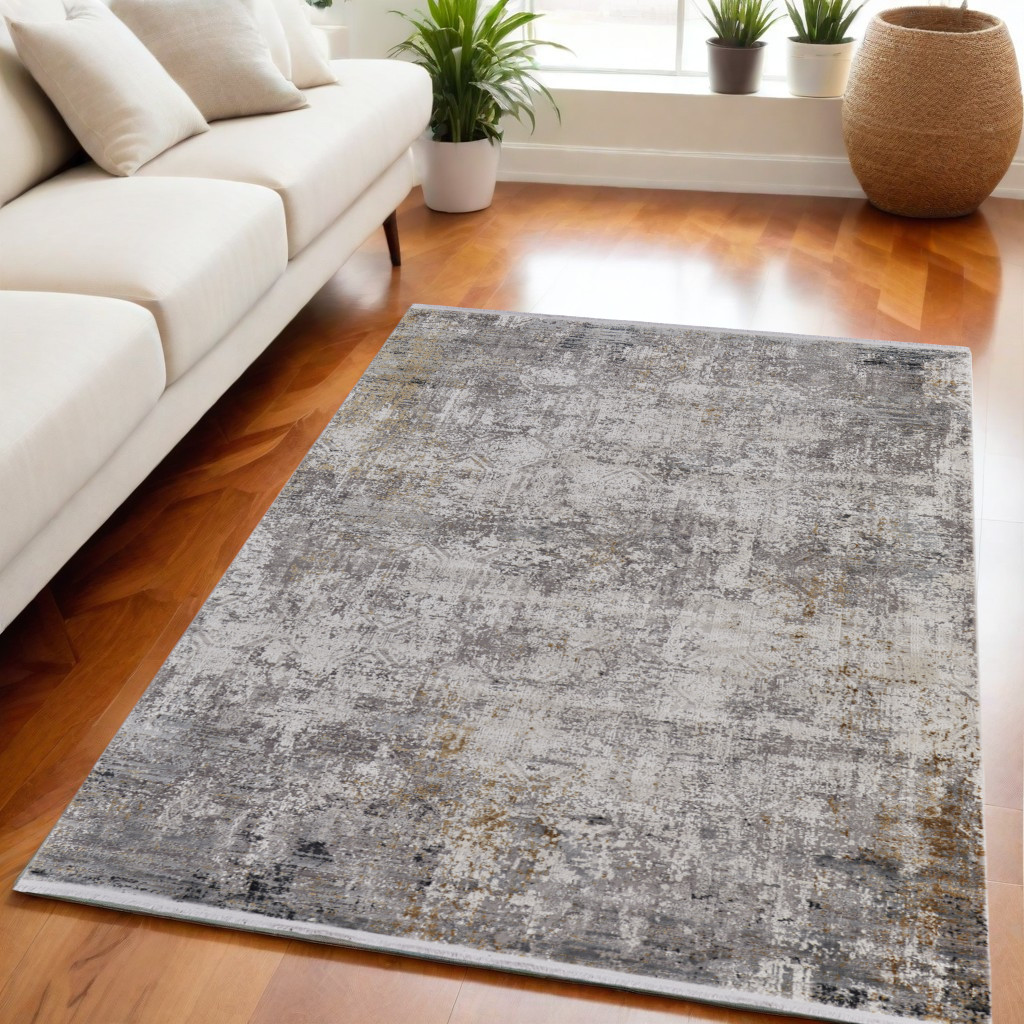 566043 5 x 8 ft. Abstract Power Loom Distressed Rectangle Area Rug with Fringe, Ivory, Taupe & Gray