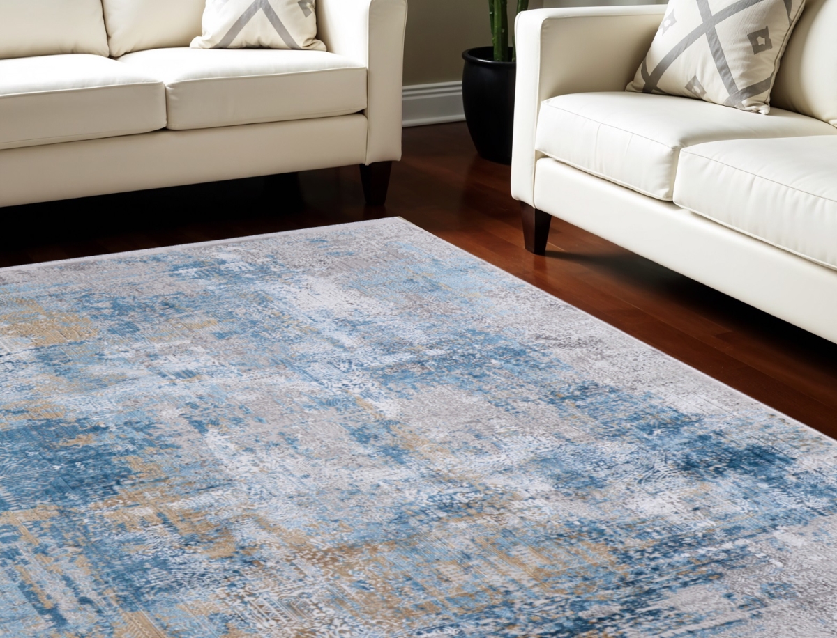 566028 12 x 18 ft. Abstract Power Loom Rectangle Area Rug with Fringe - Blue, Gold & Gray