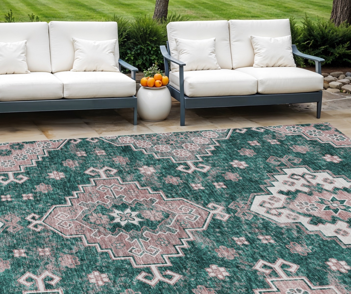 Picture of HomeRoots 589006 9 x 12 ft. Medallion Washable Indoor & Outdoor Traditional Rectangle Area Rug&#44; Emerald&#44; Brown & Ivory