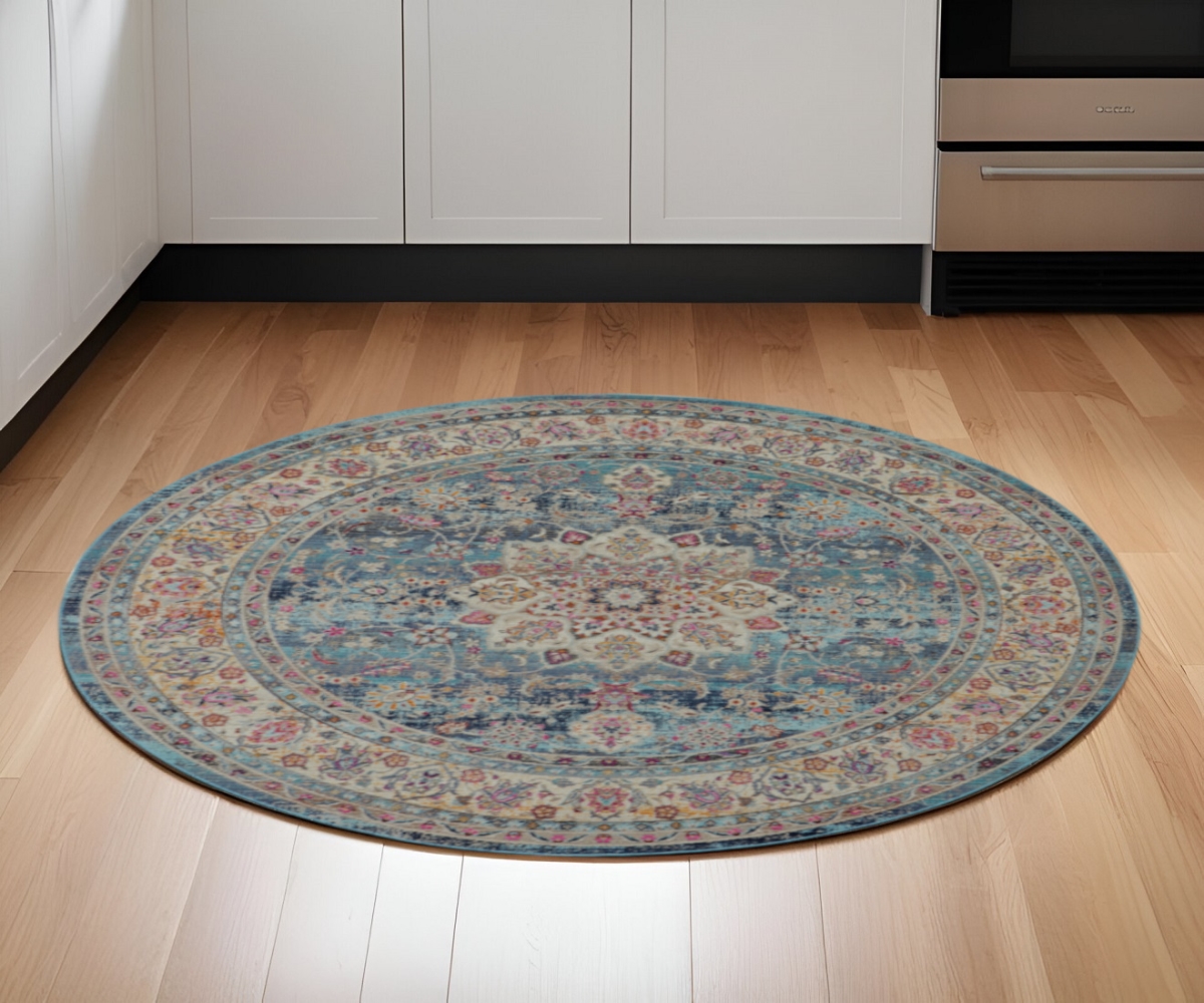 552352 6 ft. Floral Distressed Round Rug, Blue & Beige