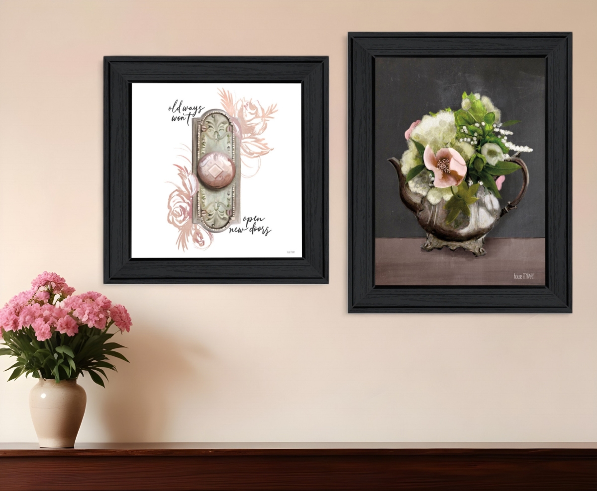 408180 Vintage Floral Tea Pot & Door Knob Black Framed Print Kitchen Wall Art - Set of 2
