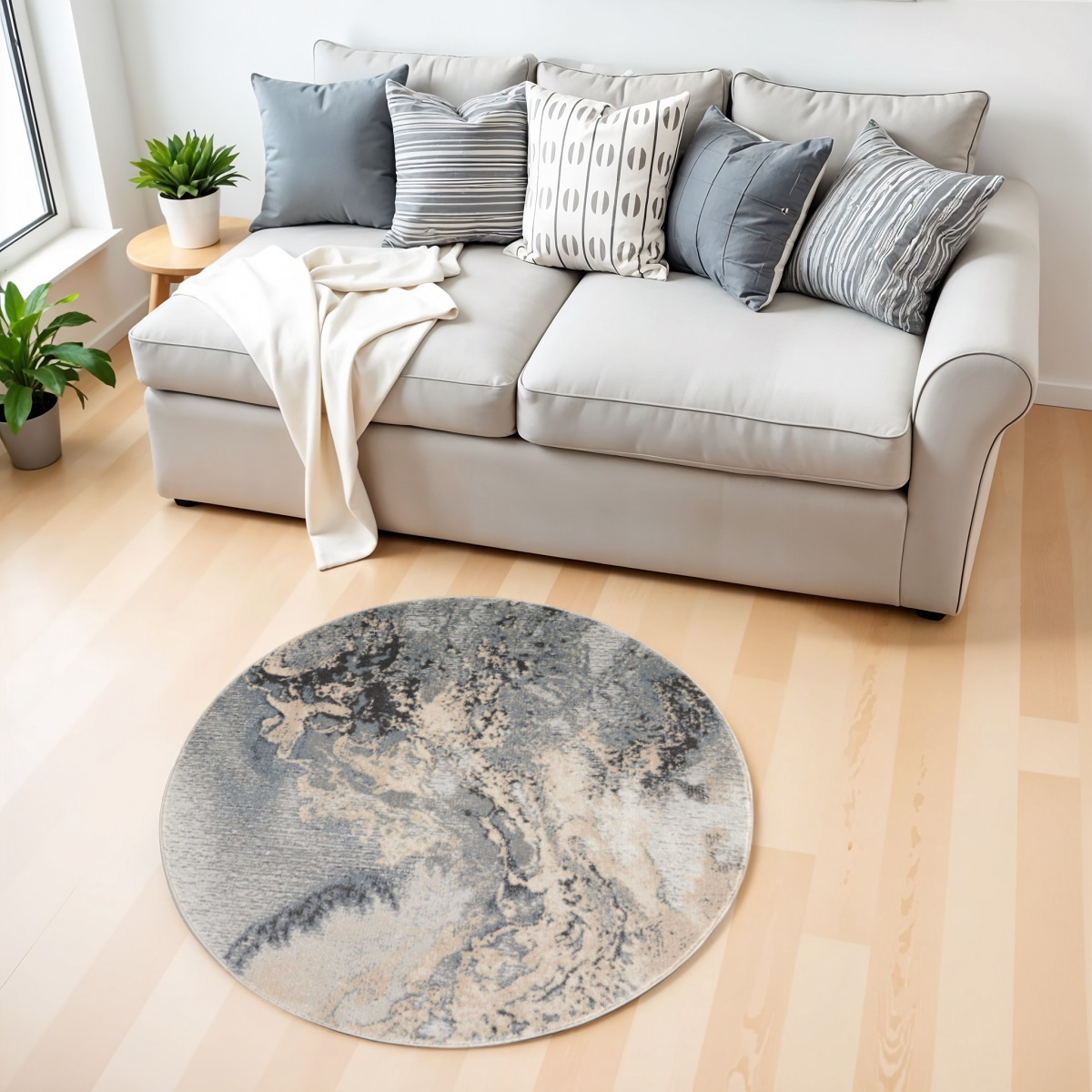 556067 4 ft. Abstract Round Rug, Gray, Black & Ivory