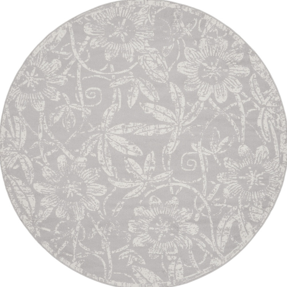 552404 5 ft. Floral Distressed Round Rug, Gray & Ivory