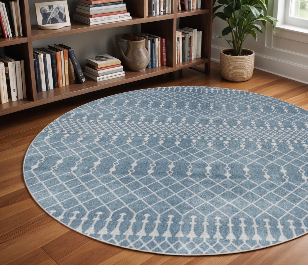 572514 5 ft. Geometric Power Loom Round Rug, Blue
