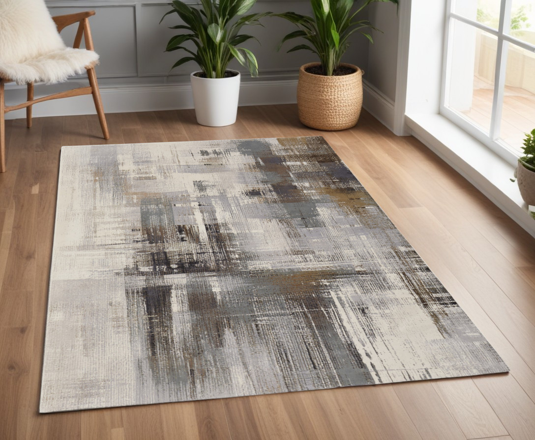 566713 4 x 6 ft. Abstract Power Loom Rectangle Area Rug, Ivory, Gray & Brown