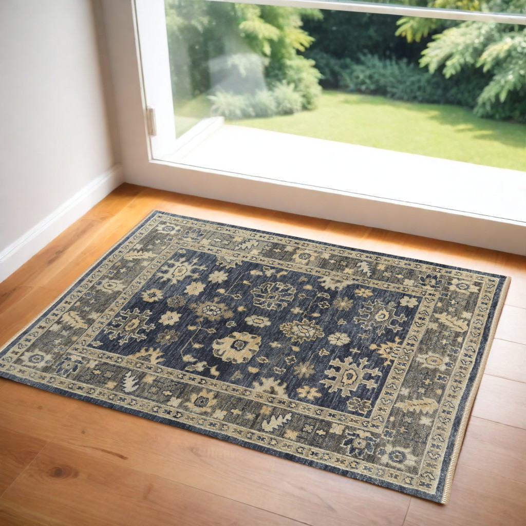 567106 2 x 3 ft. Wool Floral Hand Knotted Rectangle Area Rug with Fringe, Blue & Gray
