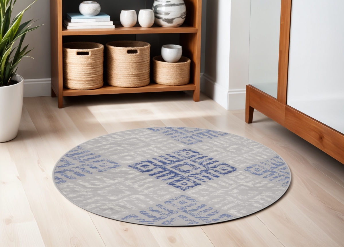 552406 5 ft. Geometric Round Rug, Beige, Blue & Gray