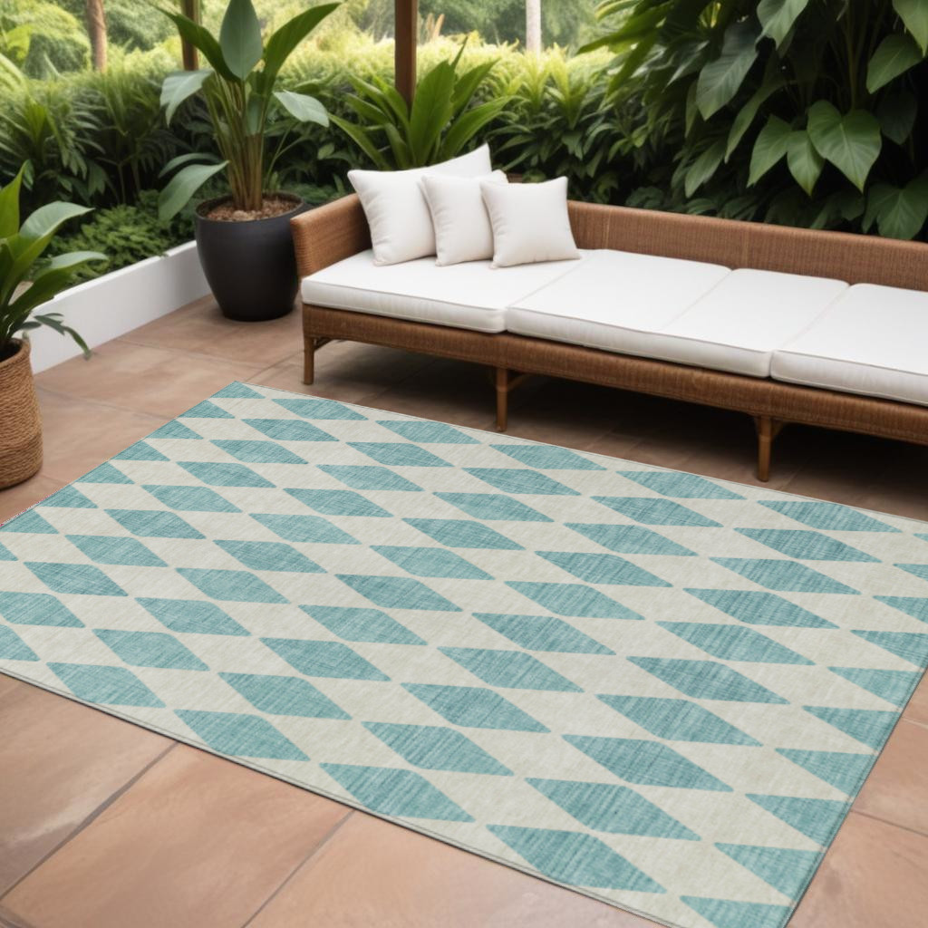 577131 9 x 12 ft. Geometric Washable Indoor & Outdoor Rectangle Area Rug, Teal Blue & Ivory