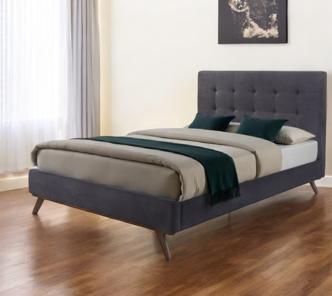 486204 Gray & Brown Wood & Tufted Polyester King Size Bed Frame