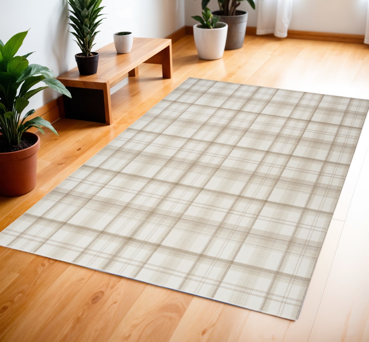 569843 4 x 6 ft. Plaid Power Loom Rectangle Area Rug, Ivory