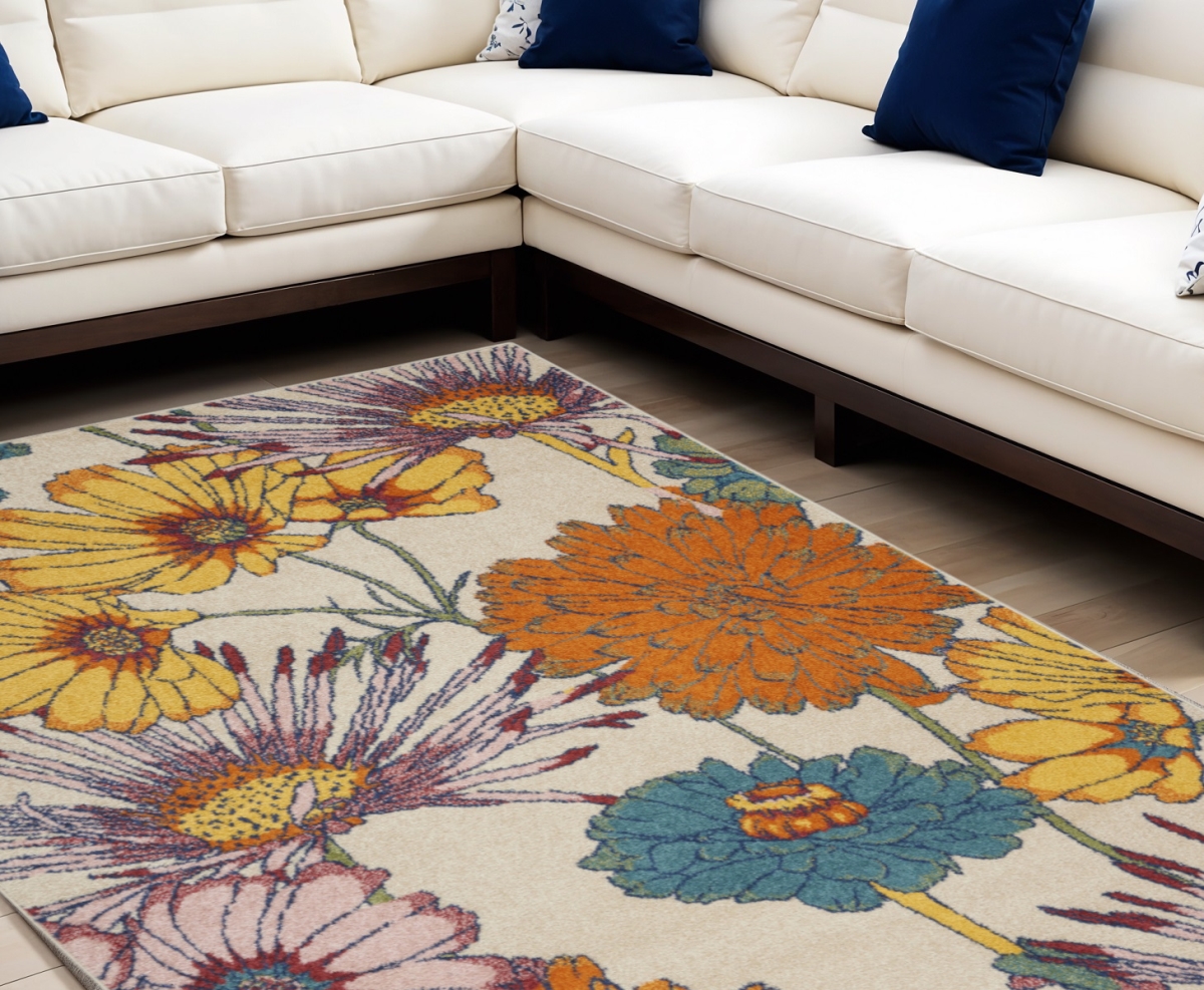 551421 9 x 12 ft. Floral Power Loom Rectangle Area Rug, Cream