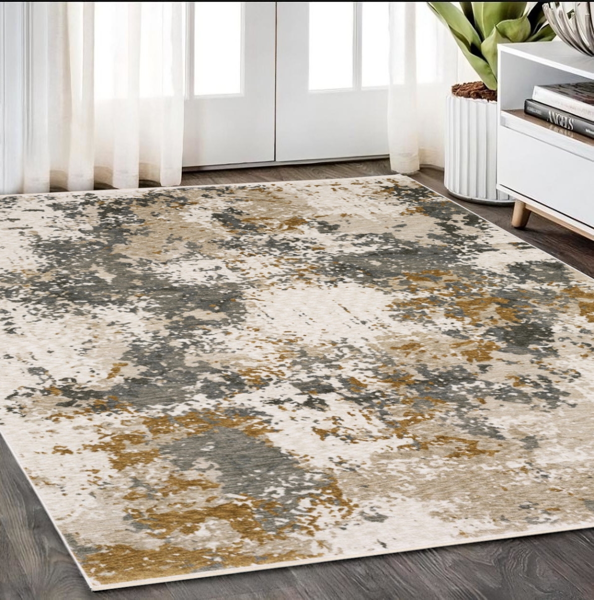 574777 5 x 8 ft. Abstract Distressed Rectangle Area Rug with Fringe, Beige & Gray